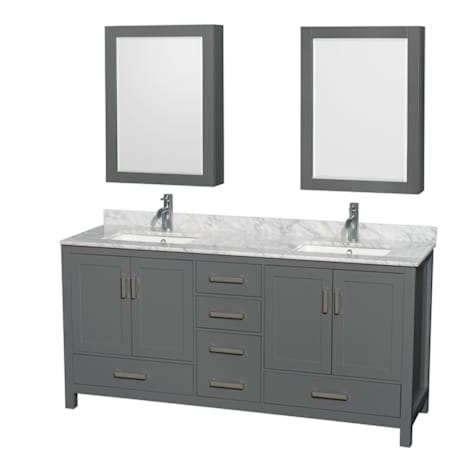 Wyndham Collection Sheffield 72" Free Standing Double Basin Vanity Set with Cabinet, Marble Vanity Top, and Medicine Cabinets Dark Gray / White Carrara Marble Top / Brushed Chrome Hardware