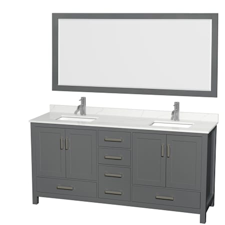 Wyndham Collection Sheffield 72" Free Standing Double Basin Vanity Set with Cabinet, Quartz Vanity Top, and Framed Mirror Dark Gray / Giotto Quartz Top / Brushed Chrome Hardware