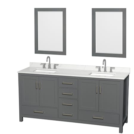 Wyndham Collection Sheffield 72" Free Standing Double Basin Vanity Set with Cabinet, Quartz Vanity Top, and Framed Mirror Dark Gray / Giotto Quartz Top / Brushed Chrome Hardware
