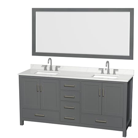 Wyndham Collection Sheffield 72" Free Standing Double Basin Vanity Set with Cabinet, Quartz Vanity Top, and Framed Mirror Dark Gray / Giotto Quartz Top / Brushed Chrome Hardware
