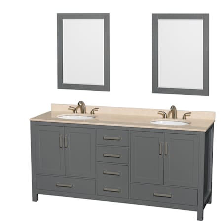 Wyndham Collection Sheffield 72" Free Standing Double Basin Vanity Set with Hardwood Cabinet, Marble Vanity Top, Framed Mirrors, and Undermount Oval Sinks Dark Gray / Ivory Top