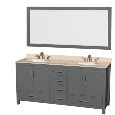 Wyndham Collection Sheffield 72" Free Standing Double Basin Vanity Set with Cabinet, Marble Vanity Top, and Framed Mirror Dark Gray / Ivory Top