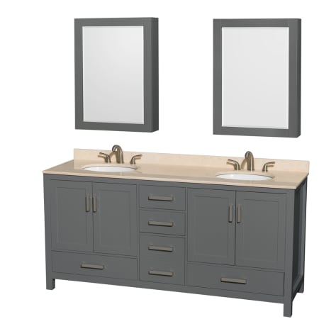 Wyndham Collection Sheffield 72" Free Standing Double Basin Vanity Set with Cabinet, Marble Vanity Top, and Medicine Cabinets Dark Gray / Ivory Top