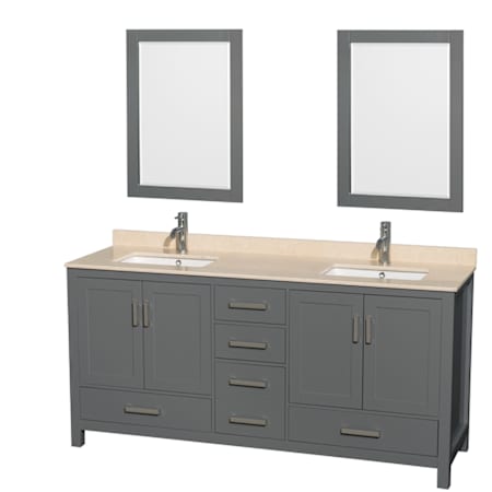 Wyndham Collection Sheffield 72" Freestanding Vanity Set with Hardwood Cabinet, Marble Vanity Top, Two Mirrors, and Two Undermount Rectangular Sinks - Less Faucet(s) Dark Gray / Ivory Top