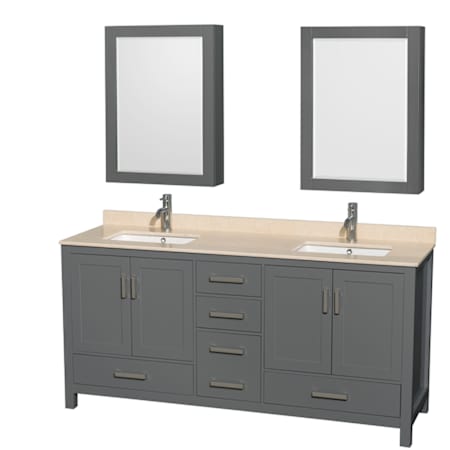 Wyndham Collection Sheffield 72" Free Standing Double Basin Vanity Set with Cabinet, Marble Vanity Top, and Medicine Cabinets Dark Gray / Ivory Top