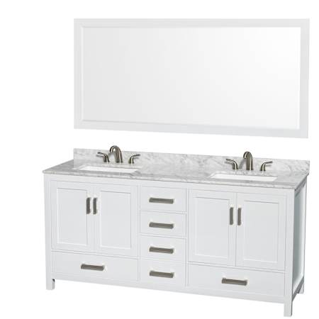 Wyndham Collection Sheffield 72" Free Standing Double Basin Vanity Set with Wood Cabinet, Marble Vanity Top, and Framed Mirror White / White Carrara Marble Top / Brushed Chrome Hardware