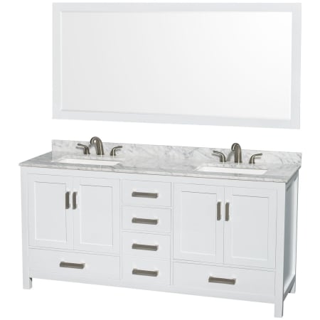 Wyndham Collection Sheffield 72" Free Standing Double Basin Vanity Set with Wood Cabinet, Marble Vanity Top, and Framed Mirror White / White Carrara Marble Top / Brushed Chrome Hardware