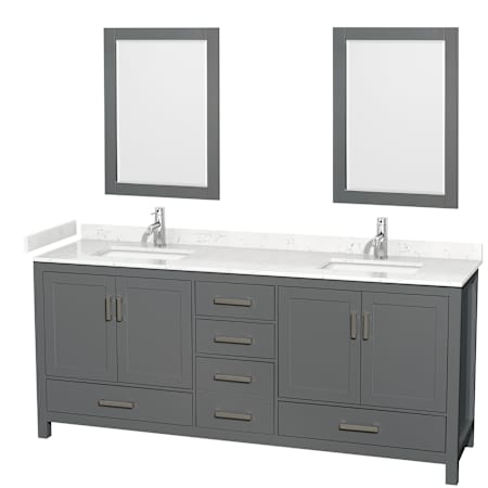 Wyndham Collection Sheffield 80" Free Standing Double Basin Vanity Set with Cabinet, Cultured Marble Vanity Top, and Framed Mirrors Dark Gray / Carrara Cultured Marble Top / Brushed Chrome Hardware
