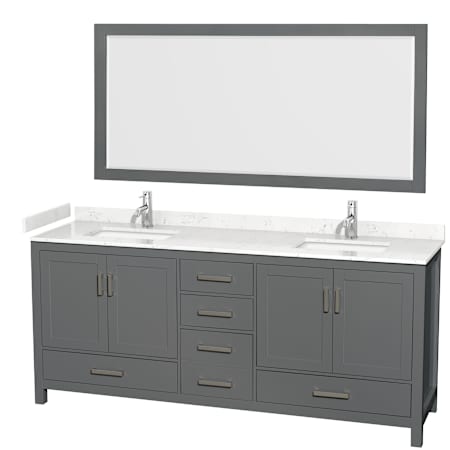 Wyndham Collection Sheffield 80" Free Standing Double Basin Vanity Set with Cabinet, Cultured Marble Vanity Top, and Framed Mirror Dark Gray / Carrara Cultured Marble Top / Brushed Chrome Hardware