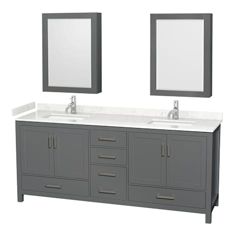 Wyndham Collection Sheffield 80" Free Standing Double Basin Vanity Set with Hardwood Cabinet, Cultured Marble Vanity Top, and Medicine Cabinets Dark Gray / Carrara Cultured Marble Top / Brushed Chrome Hardware