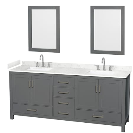 Wyndham Collection Sheffield 80" Free Standing Double Basin Vanity Set with Cabinet, Cultured Marble Vanity Top for Widespread Faucets, and Framed Mirror Dark Gray / Carrara Cultured Marble Top / Brushed Chrome Hardware