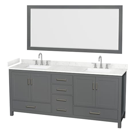 Wyndham Collection Sheffield 80" Free Standing Double Basin Vanity Set with Cabinet, Cultured Marble Vanity Top for Widespread Faucets, and Framed Mirror Set Dark Gray / Carrara Cultured Marble Top / Brushed Chrome Hardware