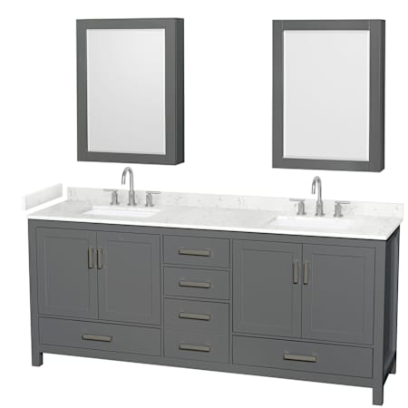 Wyndham Collection Sheffield 80" Free Standing Double Basin Vanity Set with Cabinet, Cultured Marble Vanity Top for Widespread Faucets, and Medicine Cabinet Dark Gray / Carrara Cultured Marble Top / Brushed Chrome Hardware