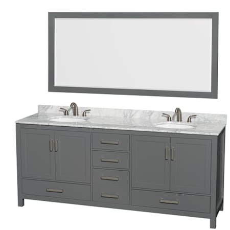 Wyndham Collection Sheffield 80" Free Standing Double Basin Vanity Set with Hardwood Cabinet, Marble Vanity Top, Mirror, and Undermount Oval Sinks Dark Gray / White Carrara Marble Top / Brushed Chrome Hardware