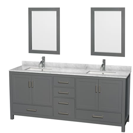Wyndham Collection Sheffield 80" Free Standing Double Basin Vanity Set with Hardwood Cabinet, Marble Vanity Top, Framed Mirrors, and Undermount Rectangular Sinks Dark Gray / White Carrara Marble Top / Brushed Chrome Hardware