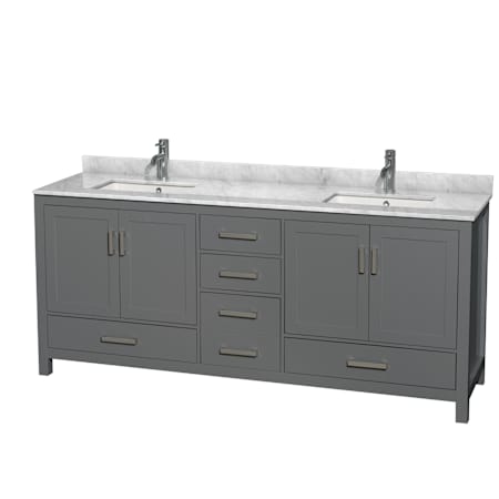 Wyndham Collection Sheffield 80" Free Standing Double Basin Vanity Set with Cabinet and Marble Vanity Top Dark Gray / White Carrara Marble Top / Brushed Chrome Hardware