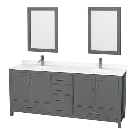 Wyndham Collection Sheffield 80" Free Standing Double Basin Vanity Set with Cabinet, Quartz Vanity Top, and Framed Mirror Dark Gray / Giotto Quartz Top / Brushed Chrome Hardware