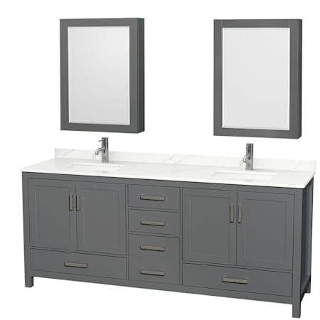 Wyndham Collection Sheffield 80" Free Standing Double Basin Vanity Set with Cabinet, Quartz Vanity Top, and Medicine Cabinet Dark Gray / Giotto Quartz Top / Brushed Chrome Hardware