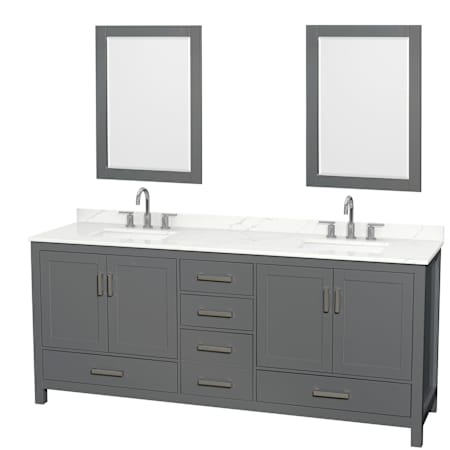 Wyndham Collection Sheffield 80" Free Standing Double Basin Vanity Set with Cabinet, Quartz Vanity Top, and Framed Mirror Dark Gray / Giotto Quartz Top / Brushed Chrome Hardware