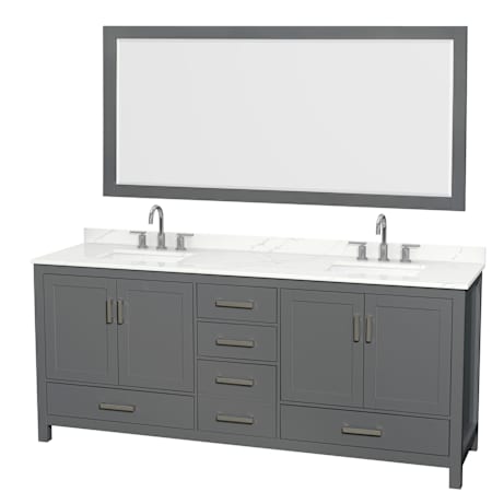 Wyndham Collection Sheffield 80" Free Standing Double Basin Vanity Set with Cabinet, Quartz Vanity Top, and Framed Mirror Dark Gray / Giotto Quartz Top / Brushed Chrome Hardware