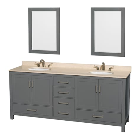 Wyndham Collection Sheffield 80" Free Standing Vanity Set with Hardwood Cabinet, Marble Vanity Top, Framed Mirrors, and Undermount Oval Sinks Dark Gray / Ivory Top