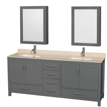 Wyndham Collection Sheffield 80" Free Standing Double Basin Vanity Set with Hardwood Cabinet, Marble Vanity Top, Medicine Cabinets, and Undermount Rectangular Sinks Dark Gray / Ivory Top