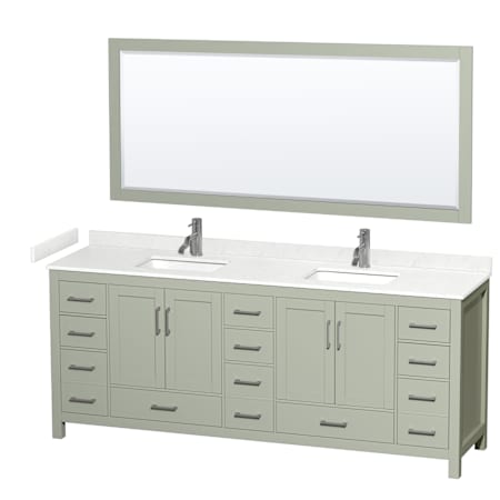 Wyndham Collection Sheffield 84" Free Standing Double Basin Vanity Set with Cabinet, Cultured Marble Vanity Top, and Framed Mirror Light Green / Carrara Cultured Marble Top / Brushed Nickel Hardware