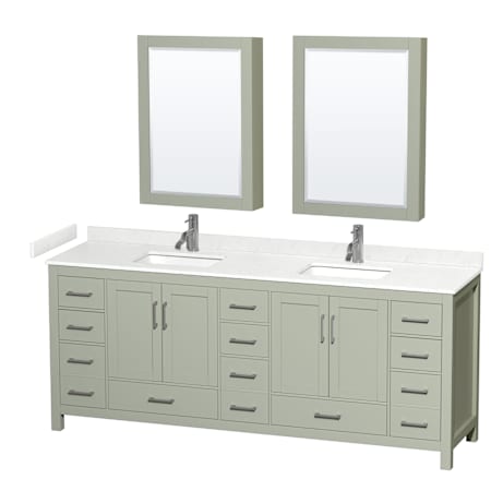 Wyndham Collection Sheffield 84" Free Standing Double Basin Vanity Set with Cabinet, Cultured Marble Vanity Top, and Medicine Cabinets Light Green / Carrara Cultured Marble Top / Brushed Nickel Hardware