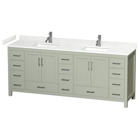 Wyndham Collection Sheffield 84" Free Standing Double Basin Vanity Set with Cabinet and Cultured Marble Vanity Top Light Green / Carrara Cultured Marble Top / Brushed Nickel Hardware