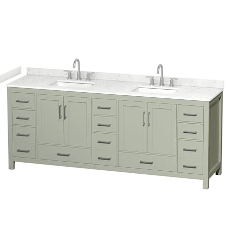 Wyndham Collection Sheffield 84" Free Standing Double Basin Vanity Set with Cabinet and Cultured Marble Vanity Top for Widespread Faucets Light Green / Carrara Cultured Marble Top / Brushed Nickel Hardware
