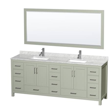 Wyndham Collection Sheffield 84" Free Standing Double Basin Vanity Set with Cabinet, Marble Vanity Top, and Framed Mirror Light Green / Brushed Nickel Hardware