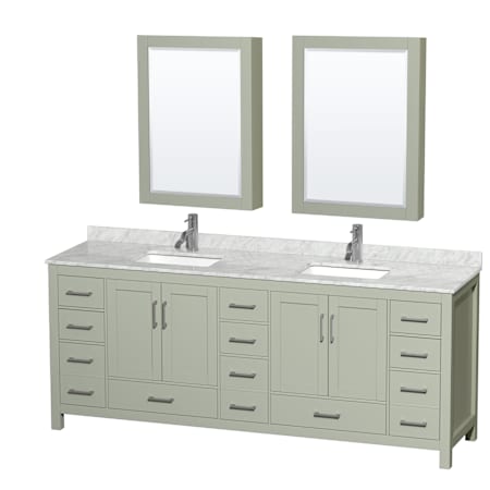 Wyndham Collection Sheffield 84" Free Standing Double Basin Vanity Set with Cabinet, Marble Vanity Top, and Medicine Cabinets Light Green / Brushed Nickel Hardware