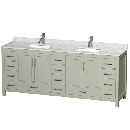 Wyndham Collection Sheffield 84" Free Standing Double Basin Vanity Set with Cabinet and Marble Vanity Top Light Green / Brushed Nickel Hardware