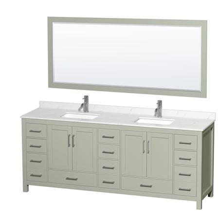 Wyndham Collection Sheffield 84" Free Standing Double Basin Vanity Set with Cabinet, Quartz Vanity Top, and Framed Mirror Light Green / Giotto Quartz Top / Brushed Nickel Hardware