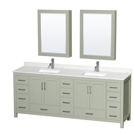 Wyndham Collection Sheffield 84" Free Standing Double Basin Vanity Set with Cabinet, Quartz Vanity Top, and Medicine Cabinet Light Green / Giotto Quartz Top / Brushed Nickel Hardware