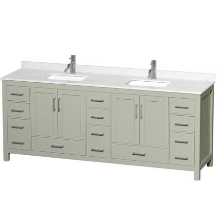 Wyndham Collection Sheffield 84" Free Standing Double Basin Vanity Set with Cabinet and Quartz Vanity Top Light Green / Giotto Quartz Top / Brushed Nickel Hardware