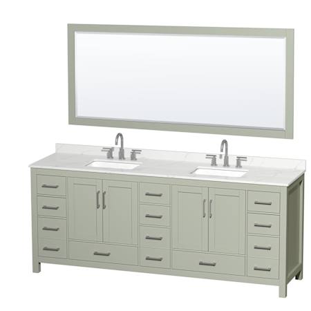 Wyndham Collection Sheffield 84" Free Standing Double Basin Vanity Set with Cabinet, Quartz Vanity Top, and Framed Mirror Light Green / Giotto Quartz Top / Brushed Nickel Hardware