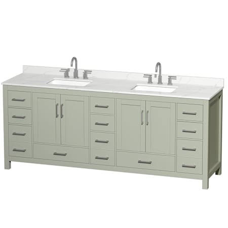 Wyndham Collection Sheffield 84" Free Standing Double Basin Vanity Set with Cabinet and Quartz Vanity Top Light Green / Giotto Quartz Top / Brushed Nickel Hardware