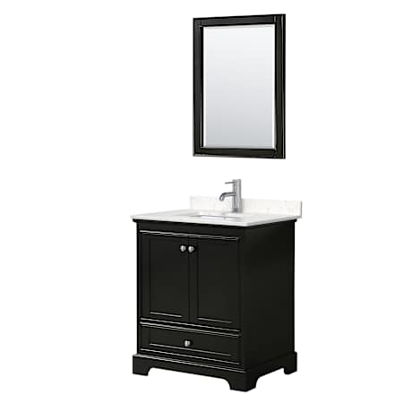Wyndham Collection Deborah 30" Free Standing Single Basin Vanity Set with Cultured Marble Vanity Top and Framed Mirror Dark Espresso / Carrara Cultured Marble Top / Polished Chrome Hardware