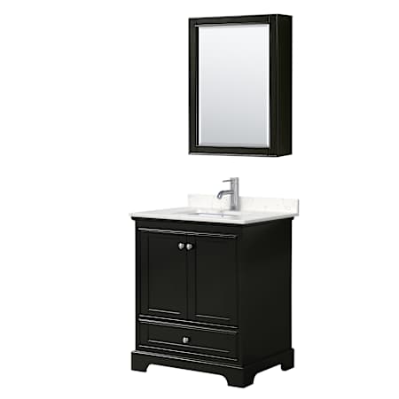 Wyndham Collection Deborah 30" Free Standing Single Basin Vanity Set with Cultured Marble Vanity Top and Framed Mirror Dark Espresso / Carrara Cultured Marble Top / Polished Chrome Hardware