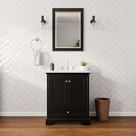 Wyndham Collection Deborah 30" Free Standing Single Basin Vanity Set with Cabinet, Cultured Marble Vanity Top for Widespread Faucets, and Framed Mirror Dark Espresso / Carrara Cultured Marble Top / Polished Chrome Hardware