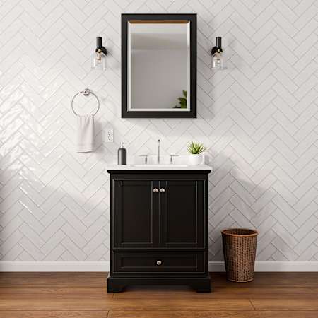 Wyndham Collection Deborah 30" Free Standing Single Basin Vanity Set with Cabinet, Cultured Marble Vanity Top for Widespread Faucets, and Medicine Cabinet Dark Espresso / Carrara Cultured Marble Top / Polished Chrome Hardware