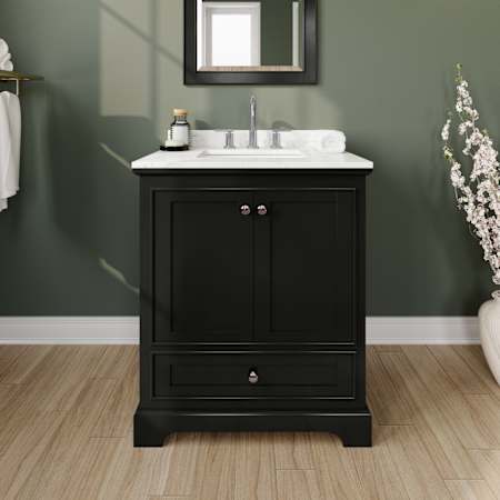 Wyndham Collection Deborah 30" Free Standing Single Basin Vanity Set with Cabinet and Cultured Marble Vanity Top for Widespread Faucets Dark Espresso / Carrara Cultured Marble Top / Polished Chrome Hardware