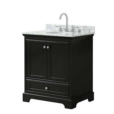 Wyndham Collection Deborah 30" Free Standing Single Vanity Set with Wood Cabinet and Marble Vanity Top Dark Espresso / White Carrara Marble Top / Polished Chrome Hardware