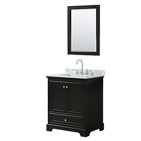 Wyndham Collection Deborah 30" Free Standing Single Vanity Set with Wood Cabinet, Marble Vanity Top, and Framed Mirror Dark Espresso / White Carrara Marble Top / Polished Chrome Hardware