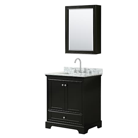 Wyndham Collection Deborah 30" Free Standing Single Vanity Set with Wood Cabinet, Marble Vanity Top, and Medicine Cabinet Dark Espresso / White Carrara Marble Top / Polished Chrome Hardware