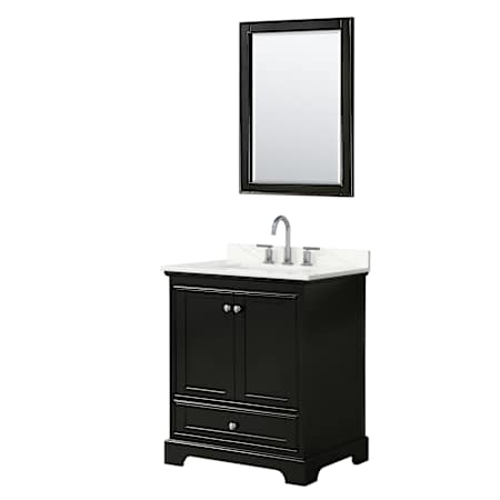 Wyndham Collection Deborah 30" Free Standing Single Basin Vanity Set with Cabinet, Quartz Vanity Top, and Framed Mirror Dark Espresso / Giotto Quartz Top / Polished Chrome Hardware
