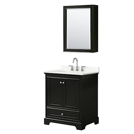 Wyndham Collection Deborah 30" Free Standing Single Basin Vanity Set with Cabinet, Quartz Vanity Top, and Medicine Cabinet Dark Espresso / Giotto Quartz Top / Polished Chrome Hardware