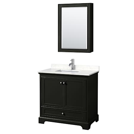 Wyndham Collection Deborah 36" Free Standing Single Basin Vanity Set with Cultured Marble Vanity Top and Framed Mirror Dark Espresso / Carrara Cultured Marble Top / Polished Chrome Hardware