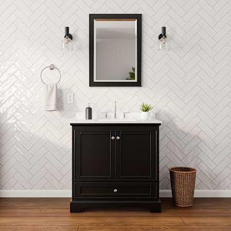 Wyndham Collection Deborah 36" Free Standing Single Basin Vanity Set with Cabinet, Cultured Marble Vanity Top for Widespread Faucets, and Framed Mirror Dark Espresso / Carrara Cultured Marble Top / Polished Chrome Hardware